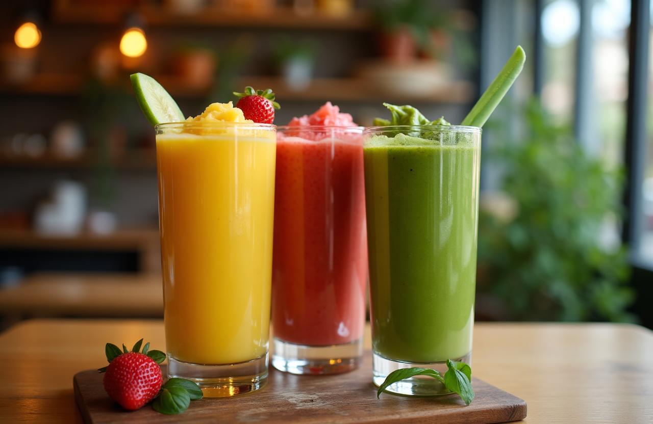 Colorful fresh fruit smoothies including strawberry banana and green smoothie