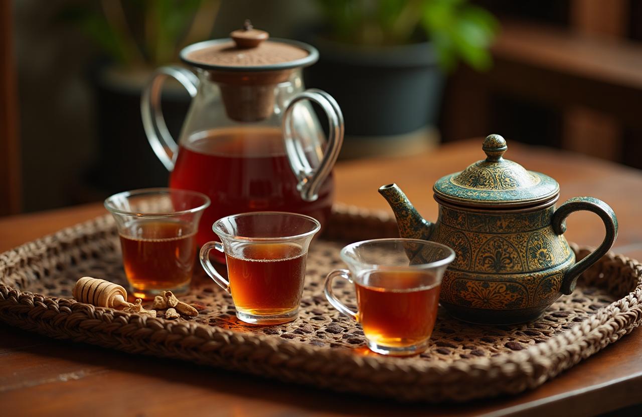 Traditional Ethiopian tea service with honey and spices